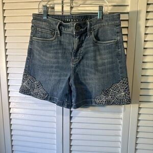 White House Black Market Blue Denim Shorts with Lace Embroidery